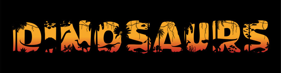 Prehistoric dinosaurs in sunset silhouette in Jurassic jungle forest, vector background. Dinosaurs and prehistoric lizards T-rex tyrannosaurus, brontosaurus or velociraptor in forest of cutout letters © Vector Tradition