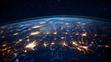 Obraz premium A stunning view of Earth from space showcasing bright city lights and the curvature of the planet against a starry background.