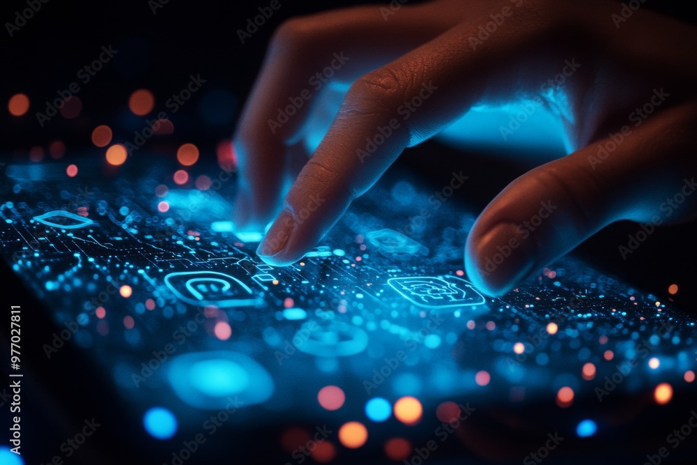 Poster modern image of a hand interacting with a sleek touchscreen device, such as a tablet or smartphone.
