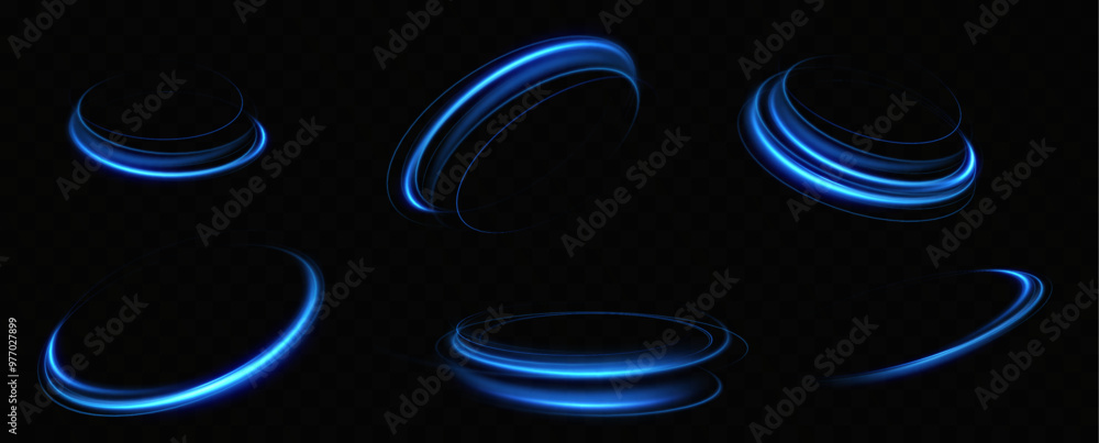 Poster Abstract light lines of speed movement, blue colors.Neon glowing curves.Abstract motion.Neon lines of blue speed. Dynamic traces.