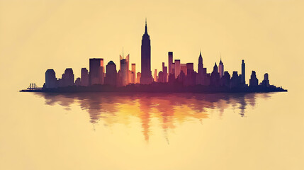 Obraz premium Silhouette of a modern city skyline with a reflection of water, in shades of orange, yellow and brown.