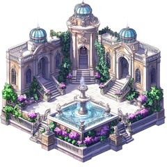 Beautiful Courtyard with Fountain and Ornate Buildings.