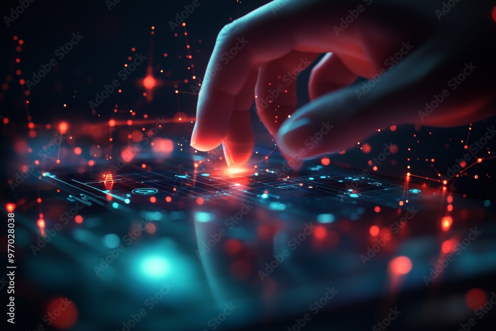 Poster modern image of a hand interacting with a sleek touchscreen device, such as a tablet or smartphone.