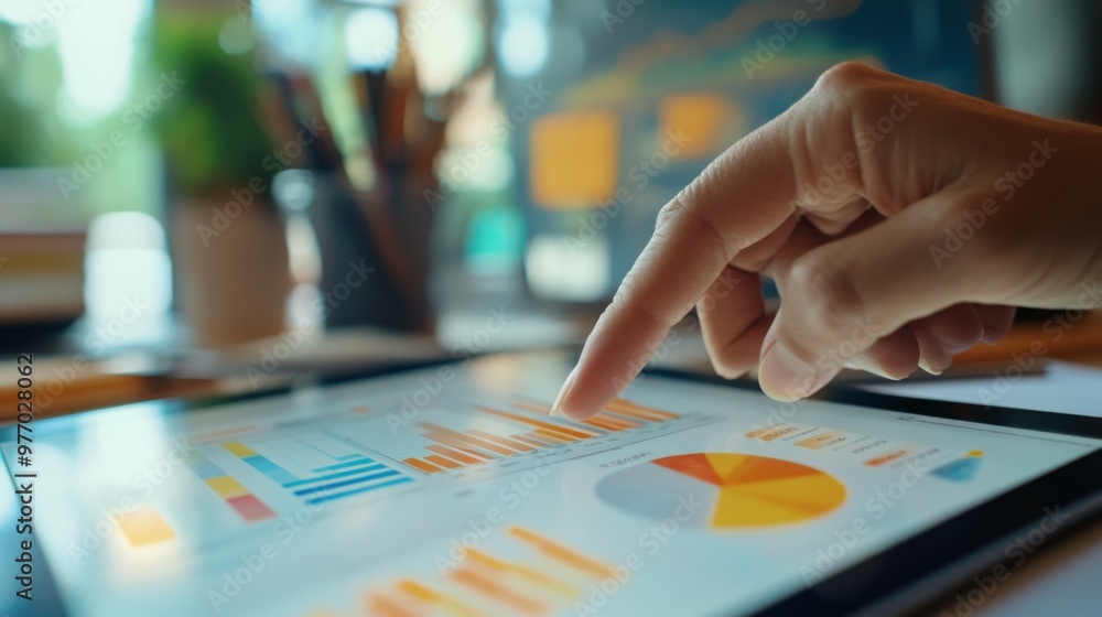 Poster a close-up of a person hand pointing at a bar chart on a tablet screen, with financial data and perf