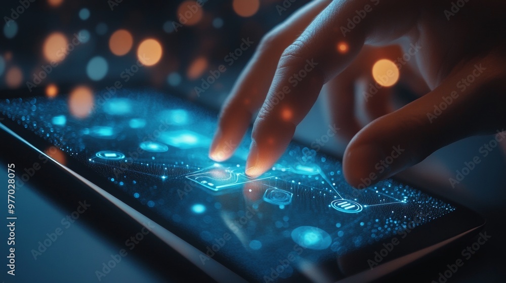 Poster modern image of a hand interacting with a sleek touchscreen device, such as a tablet or smartphone.