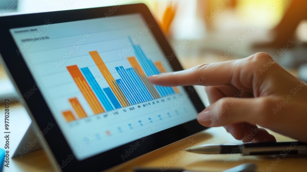 Poster a close-up of a person hand pointing at a bar chart on a tablet screen, with financial data and perf