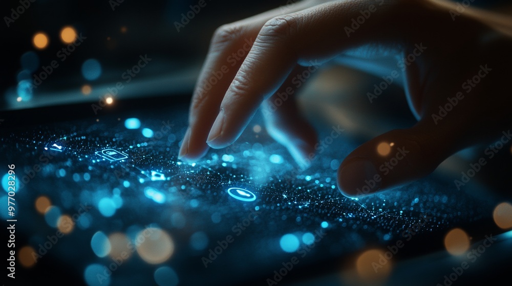 Poster modern image of a hand interacting with a sleek touchscreen device, such as a tablet or smartphone.