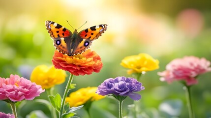Obraz premium A vibrant butterfly perched on colorful flowers, symbolizing beauty and nature's harmony in a bright garden.