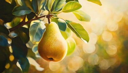 Close up oil painting of a pear on a tree during summer featuring a blurred background and shallow depth of field highlighting the details of the fruit in a natural setting