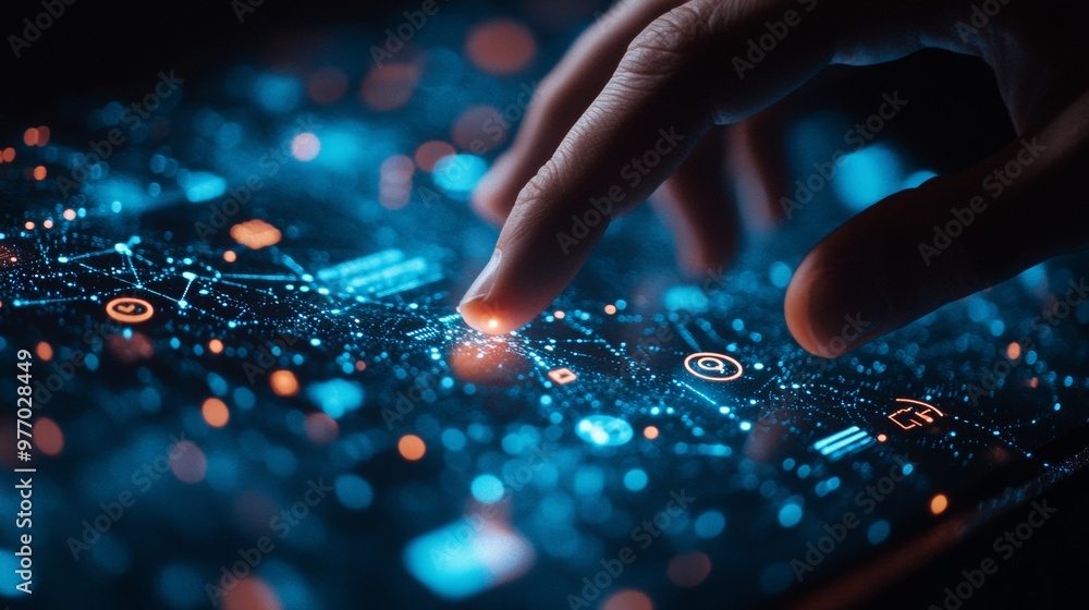 Poster modern image of a hand interacting with a sleek touchscreen device, such as a tablet or smartphone.