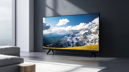 Fototapeta premium Modern Living Room with TV Showing Snowy Mountain Landscape