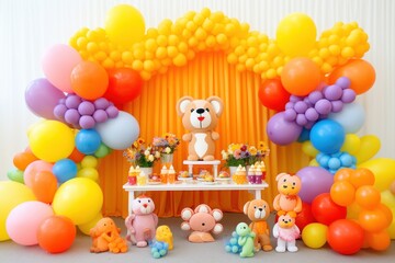 Obraz premium A Colorful and Festive Birthday Party Decor Featuring Balloons and a Cute Teddy Bear