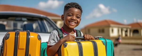 Excited Family Road Trip Packing the Car with Luggage for an Adventure A young boy helps his family load the car, ensuring everything fits perfectly Get ready for a memorable journey FamilyVacation