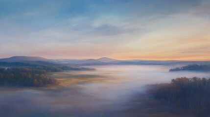 Obraz premium Aerial panorama showcasing an oil painting of a serene landscape at sunrise featuring ground fog and distant hills over a tranquil body of water