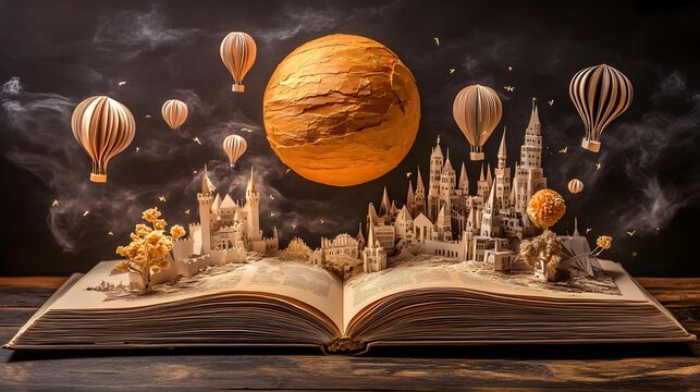 An open book with an intricate paper sculpture of a fantasy world coming to life, complete with floating balloons and castles
