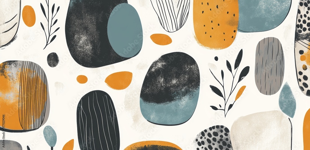 Poster modern abstract background in blue, gold, and gray with circle watercolor blobs and blotches and spe