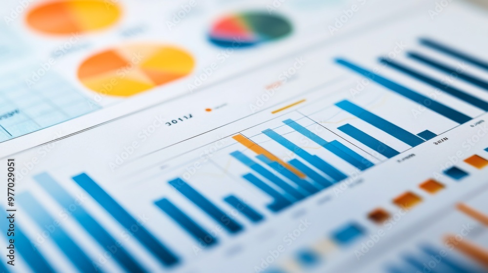 Poster a close-up of a printed financial report with multiple graphs and charts, highlighting key data poin