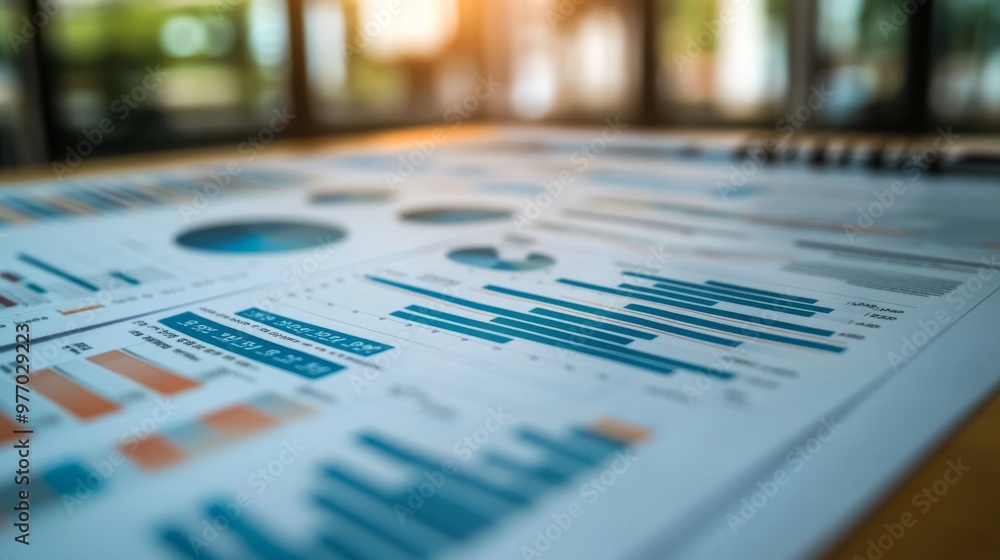 Poster a close-up of a printed financial report with multiple graphs and charts, highlighting key data poin
