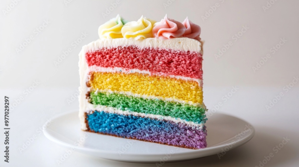 Poster A close-up of a rainbow cake with colorful layers visible, cut to reveal its vibrant interior and set on a white plate against a simple white backdrop.