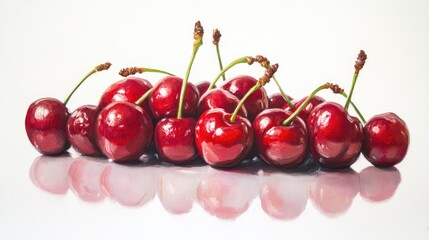 Oil painting depicting fresh cherries on a white background showcasing their vibrant color and texture