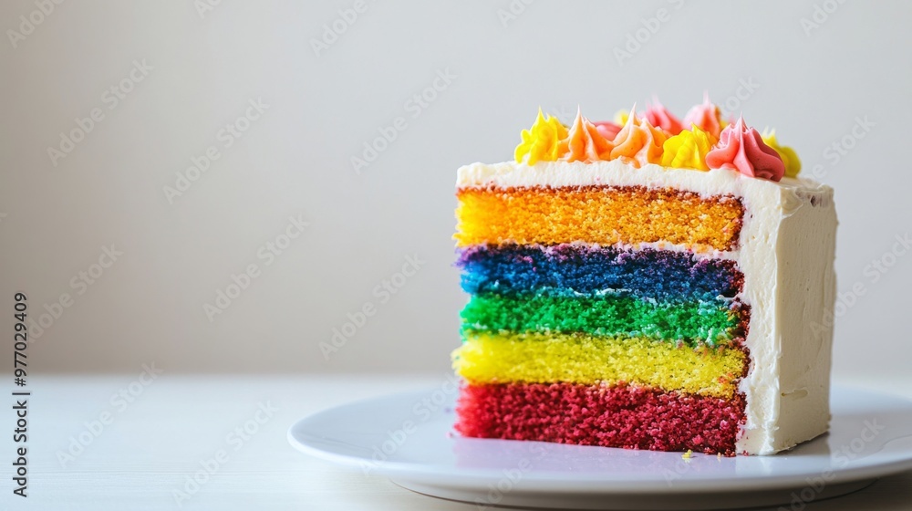 Poster A close-up of a rainbow cake with colorful layers visible, cut to reveal its vibrant interior and set on a white plate against a simple white backdrop.