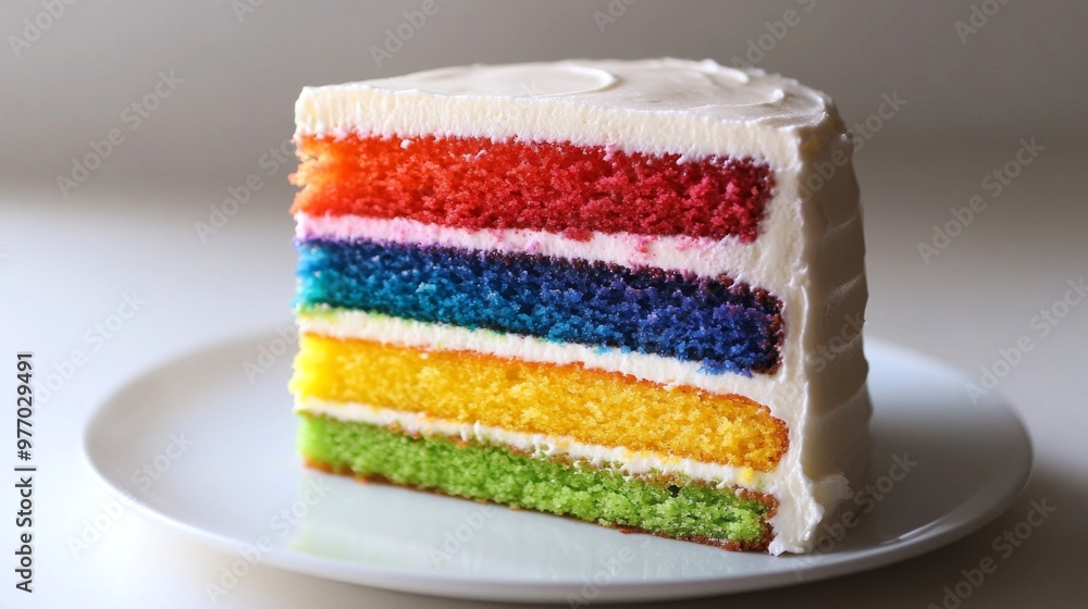 Poster A close-up of a rainbow cake with colorful layers visible, cut to reveal its vibrant interior and set on a white plate against a simple white backdrop.