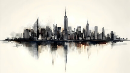 Obraz premium Watercolor painting of a city skyline with a reflection on the water.
