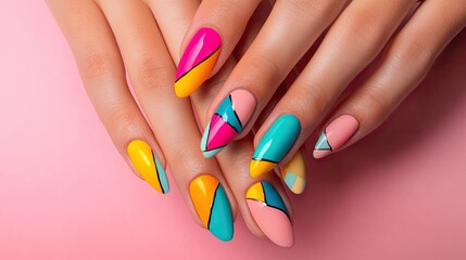 A close-up of female hands with a vibrant geometric nail design, featuring bold colors and sharp lines against a pastel background.
