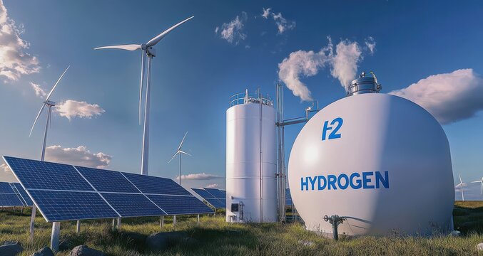 Hydrogen energy facility with solar panels and wind turbines for renewable energy production in a green landscape