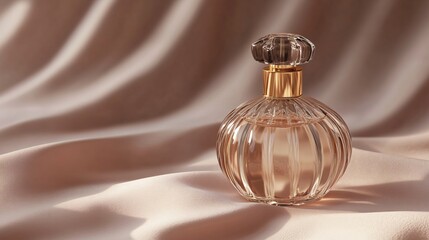 Closeup of perfume bottle on a peach colored satin fabric.