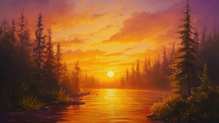 Obraz premium Oil painting depicting a serene sunset over a peaceful river in a forest highlighting tranquil natural beauty and warm colors