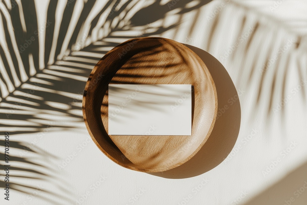 Poster printed card on beige background with palm leaf shadows. minimal concept mock-up.