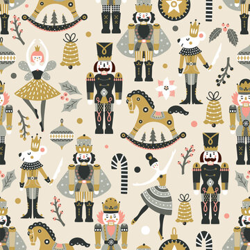 The nutcracker ballet characters christmas holiday pattern. Childish pattern for packaging, fabric print, wrapping paper, stationery. Hand drawn illustration of mouse king, ballerina, fairy.