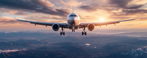 Stunning Aerial View of Airplane Soaring Through Clear Skies at Sunset, Wings Cutting Through the Air with Grace and Precision Capture the Beauty of Flight and the Wonder of Aviation with This