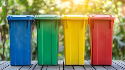 Colorful trash bins lined up outdoors, promoting recycling and proper waste management in a vibrant natural setting.