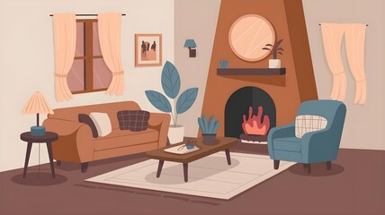 Fototapeta premium Cozy living room interior with modern furniture, fireplace, and decorative plants for a warm atmosphere.