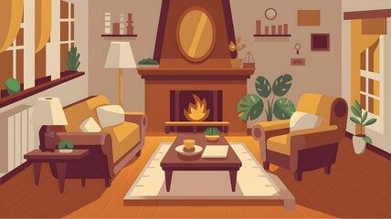 Fototapeta premium Cozy living room with warm colors, featuring a fireplace, comfortable seating, and decorative plants.