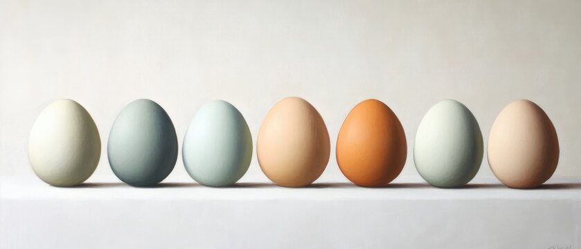 Eggs depicted in an oil painting against a white backdrop showcasing eggs in a minimalist style