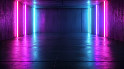 Abstract Neon Background with Glowing Blue and Purple Lines on Dark Floor Reflecting on Concrete Wall