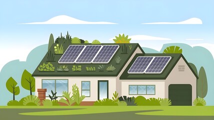 Fototapeta premium Eco-friendly house with solar panels surrounded by greenery, showcasing sustainable living and modern architecture.