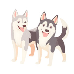 Cheerful Siberian Husky Dogs in Cartoon Style with Wagging Tails on Pastel Background