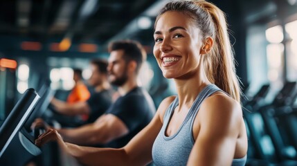 Fototapeta premium A woman smiling while running on a treadmill in the gym, AI