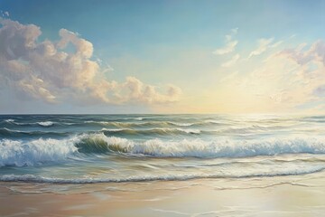 Oil painting depicting a serene coastal landscape with gentle waves and a clear sky