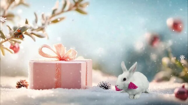 Cute white rabbit in a festive winter scene with a snow-covered gift box and frosty branches. 