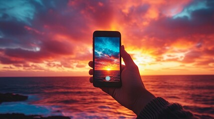 A Hand Holding a Smartphone Capturing a Sunset Over the Ocean