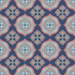 A decorative pattern featuring floral and geometric designs in soft colors on a dark background, ideal for textiles or wallpapers.