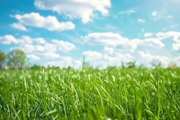 Obraz premium hermoso césped verde con cielo azul y nubes blancas