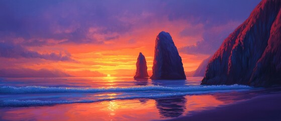 Sunset oil painting featuring cliffs and a mystical rock formation capturing serene island landscapes and vibrant colors