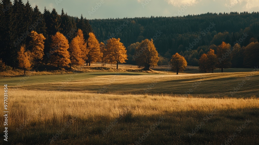 Poster a field with trees and grass in the distance, ai