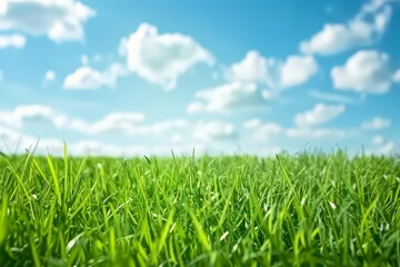 Obraz premium hermoso césped verde con cielo azul y nubes blancas